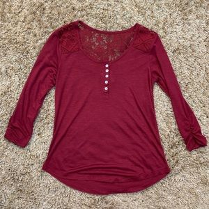 Maroon, Lace, Button Down Long Sleeve